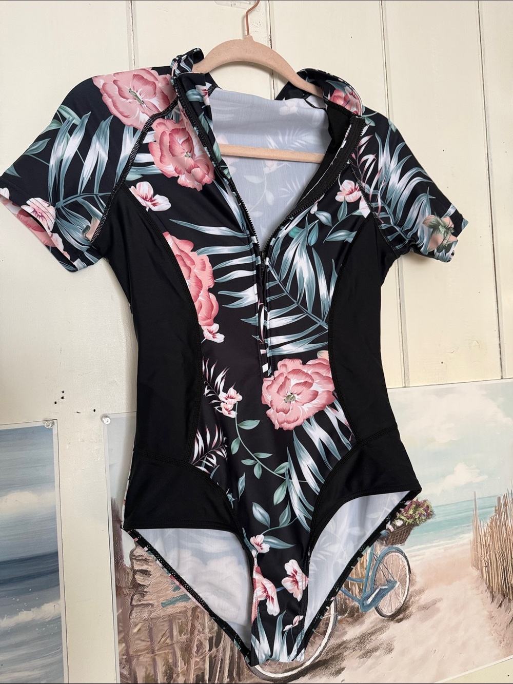 Floral Zip-Front Short Sleeve One-Piece Swimsuit - Black with Pink Flowers